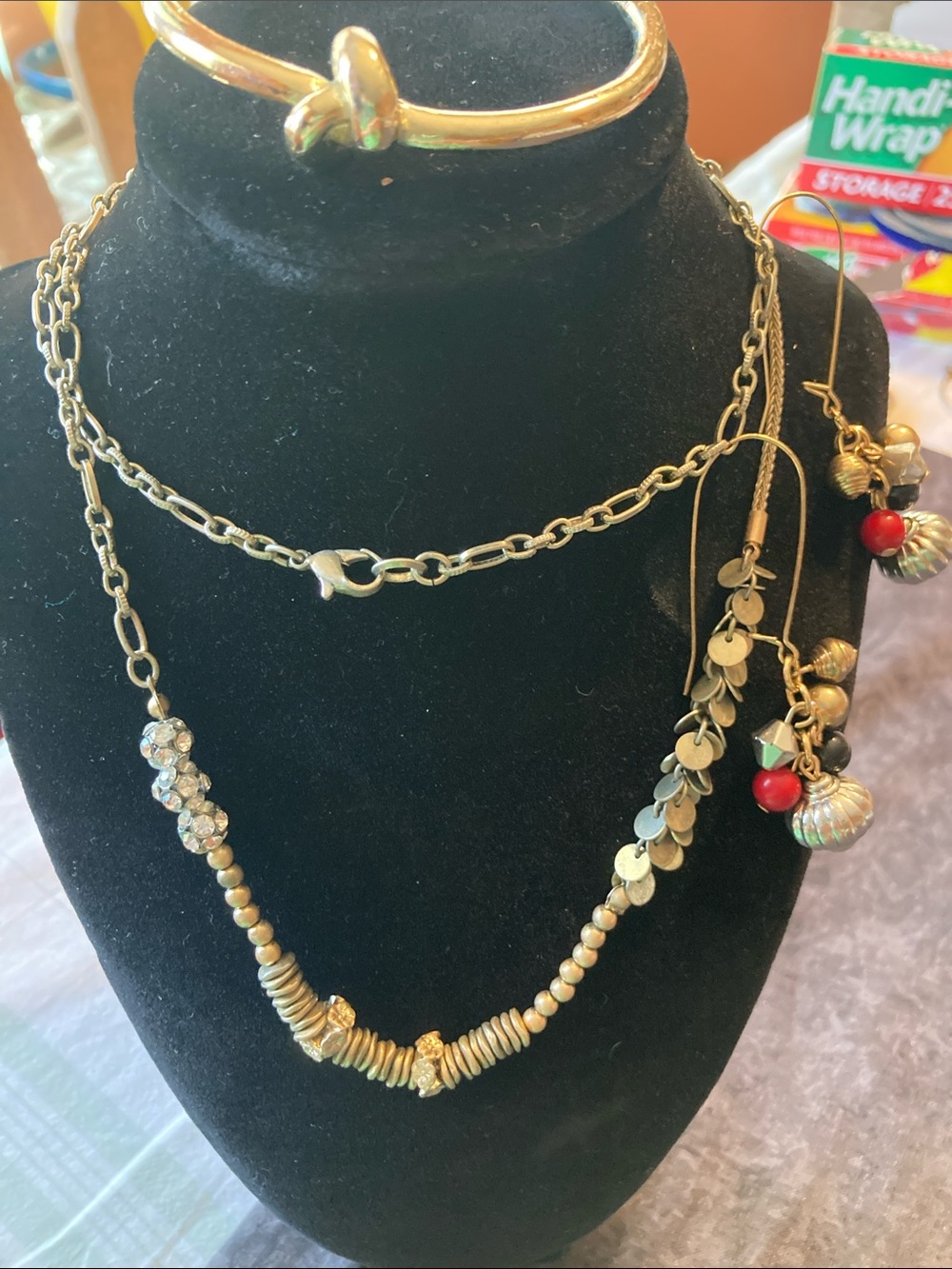 Gold-tone jewelry bundle – knot wrist, cuff, Boho beaded necklace, earrings